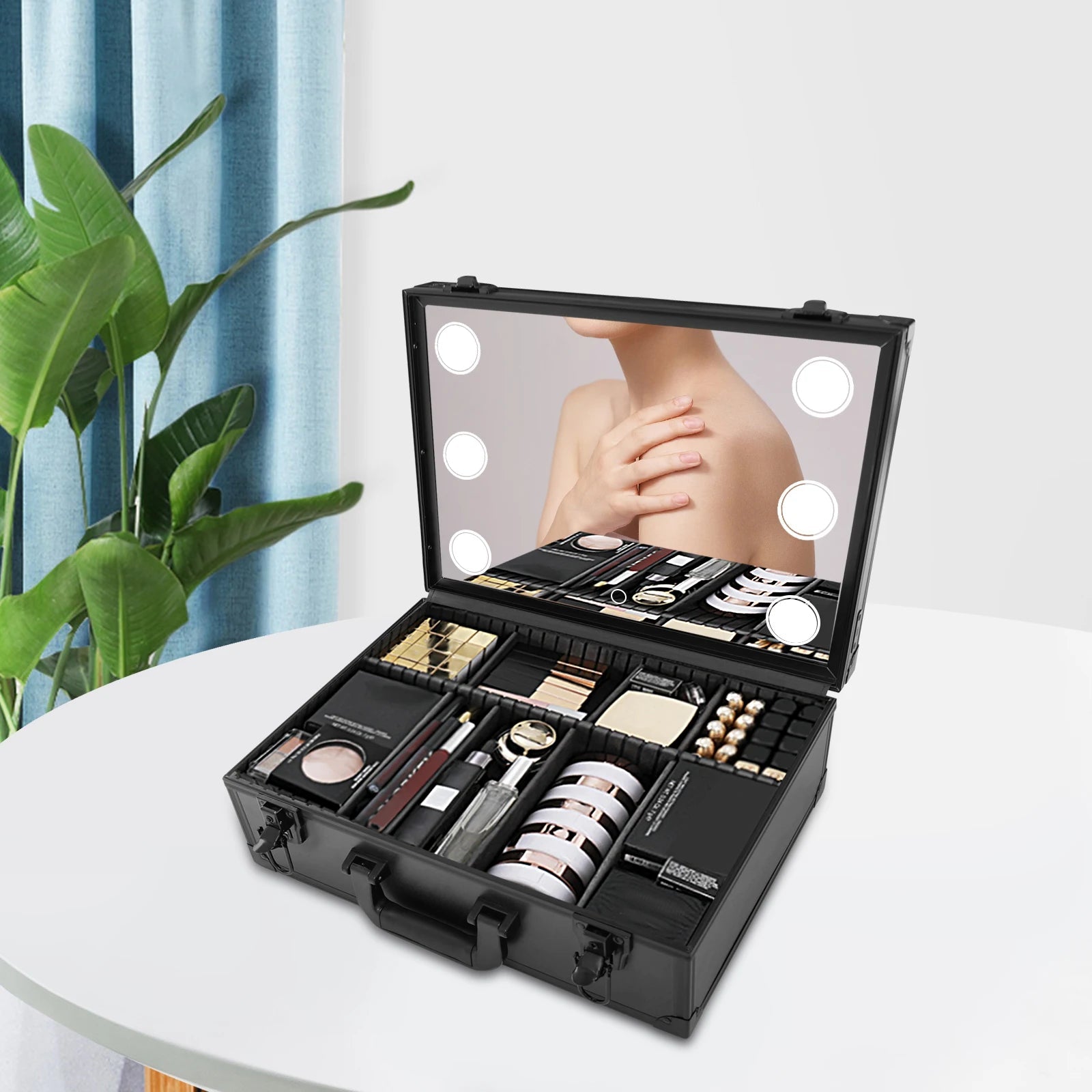 Makeup Train Case w/ LED Light & Mirror Jewelry Storage Box Cosmetic Organizer Cosmetic Organizer Storage Kit - Asmota