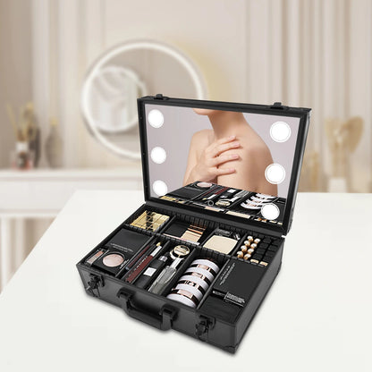 Makeup Train Case w/ LED Light & Mirror Jewelry Storage Box Cosmetic Organizer Cosmetic Organizer Storage Kit - Asmota