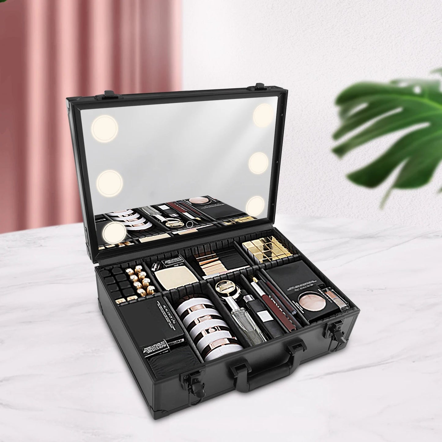 Makeup Train Case w/ LED Light & Mirror Jewelry Storage Box Cosmetic Organizer Cosmetic Organizer Storage Kit - Asmota