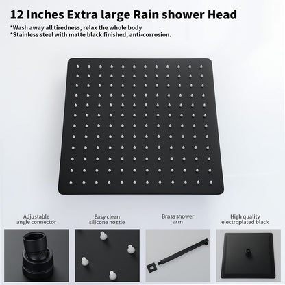 Male NPT Bathtub Shower Faucet Set, Waterfall Tub Faucet with 12 - Inch Matte Black Rain Shower Head System - Asmota