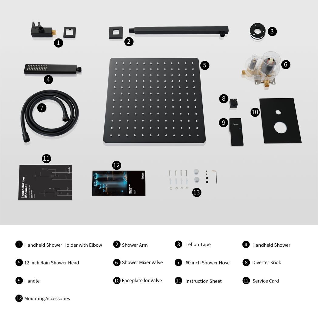 Male NPT Bathtub Shower Faucet Set, Waterfall Tub Faucet with 12 - Inch Matte Black Rain Shower Head System - Asmota