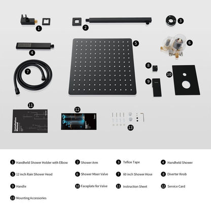 Male NPT Bathtub Shower Faucet Set, Waterfall Tub Faucet with 12 - Inch Matte Black Rain Shower Head System - Asmota