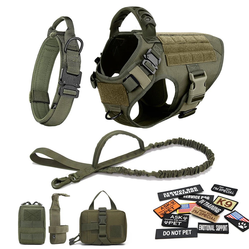 Military Large Dog Harness Collar Leash Bags Patches Set Pet Malinois Training Vests Tactical Dogs Harnesses Accessories - Asmota