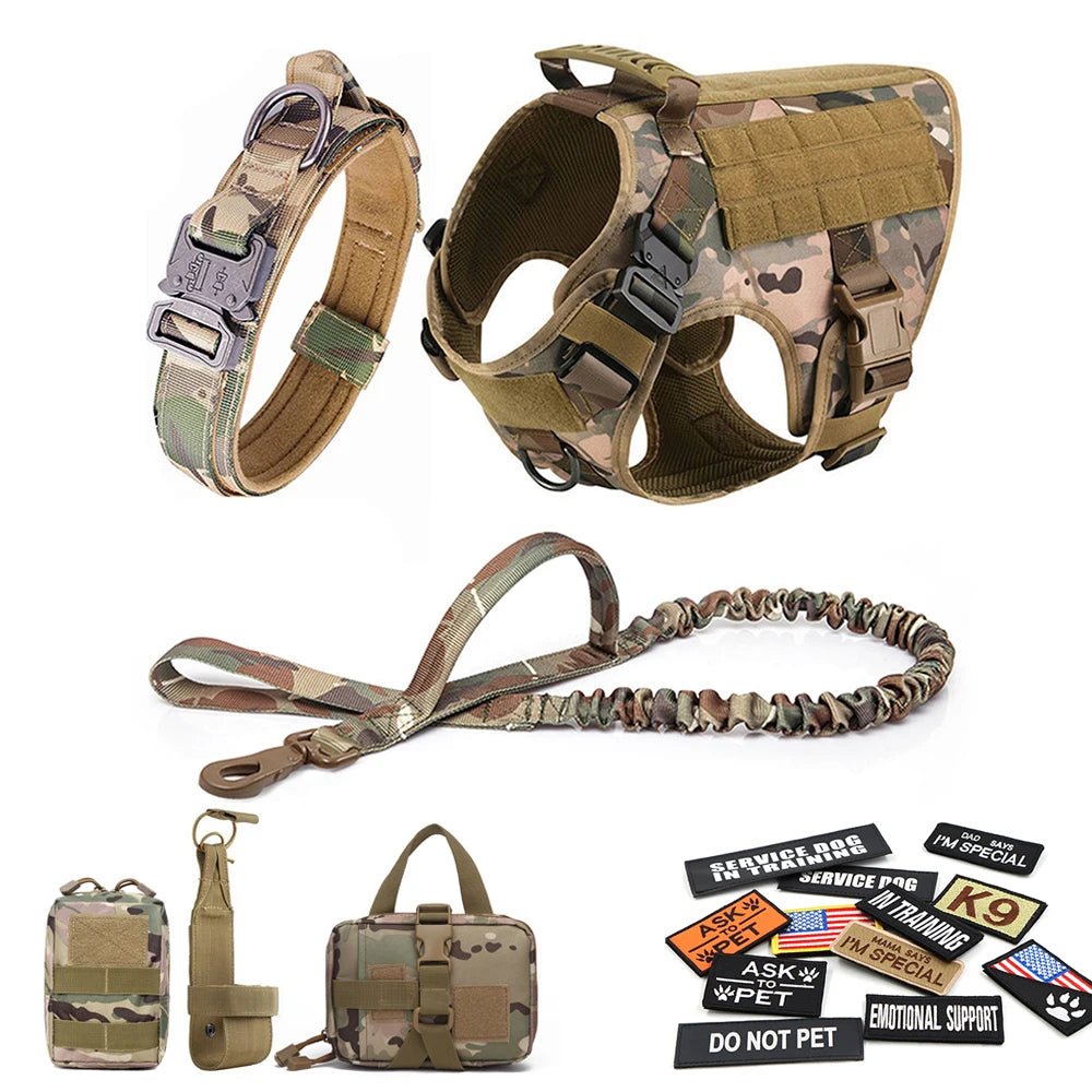 Military Large Dog Harness Collar Leash Bags Patches Set Pet Malinois Training Vests Tactical Dogs Harnesses Accessories - Asmota