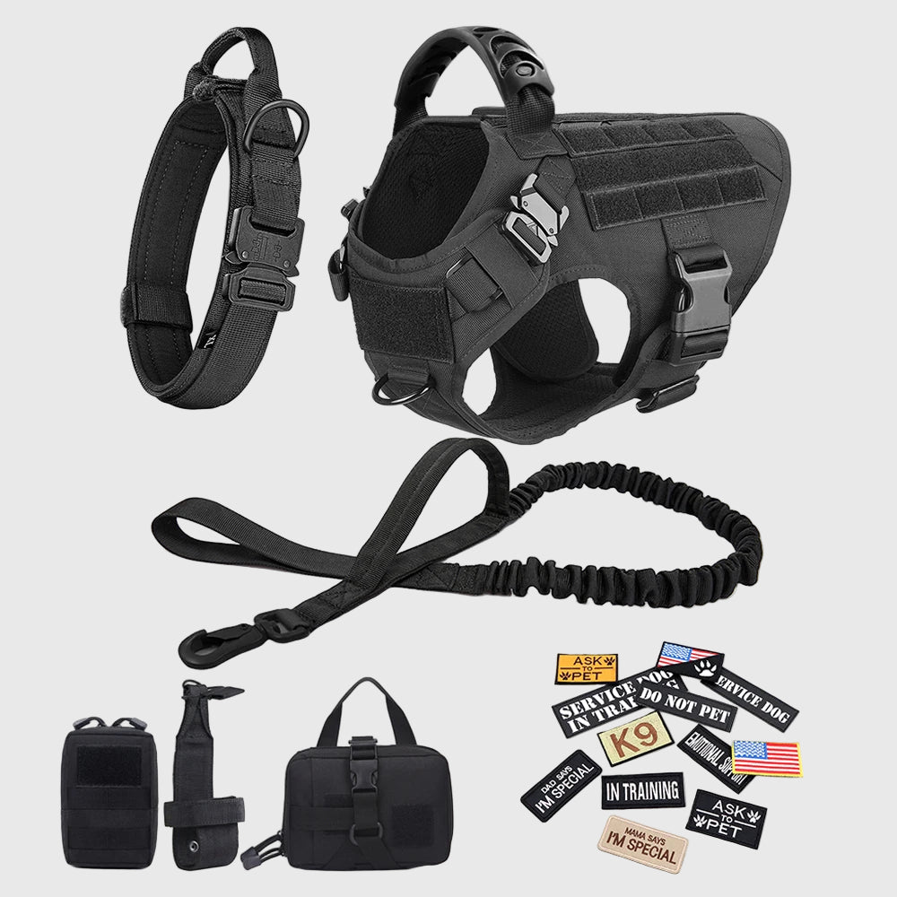 Military Large Dog Harness Collar Leash Bags Patches Set Pet Malinois Training Vests Tactical Dogs Harnesses Accessories - Asmota