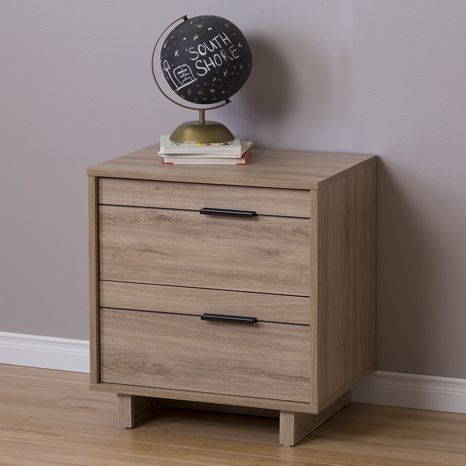 Modern 2 - Drawer End Table Nightstand in Light Oak Wood Finish - Asmota