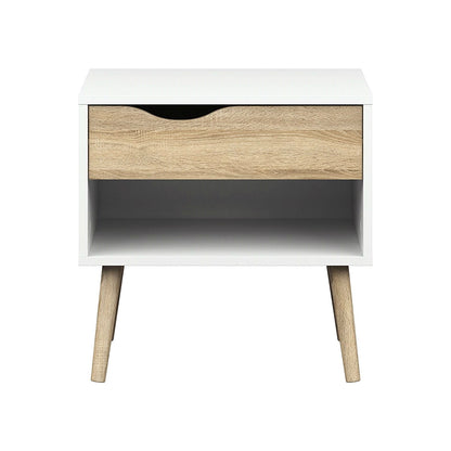 Modern Mid Century Style End Table Nightstand in White & Oak Finish - Asmota