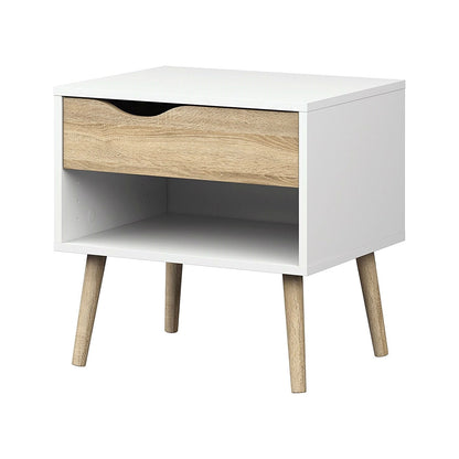 Modern Mid Century Style End Table Nightstand in White & Oak Finish - Asmota