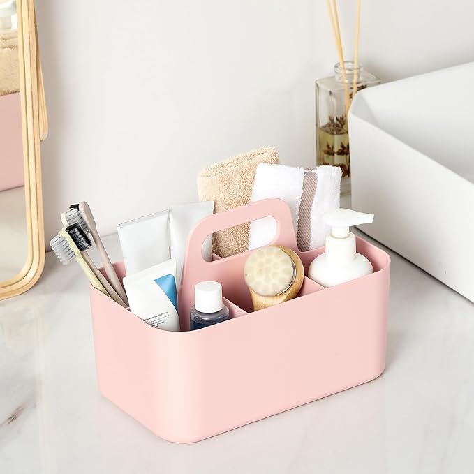 Multiuse Caddy Organizer with Handle - Stackable Plastic Tote Bin - Art Craft Supplies, Office, Desk, Stationery Pen Holder, Kitchen, Utensil, Makeup, Bathroom, Shower, Cleaning, Dorm Organizer - Pink - Asmota