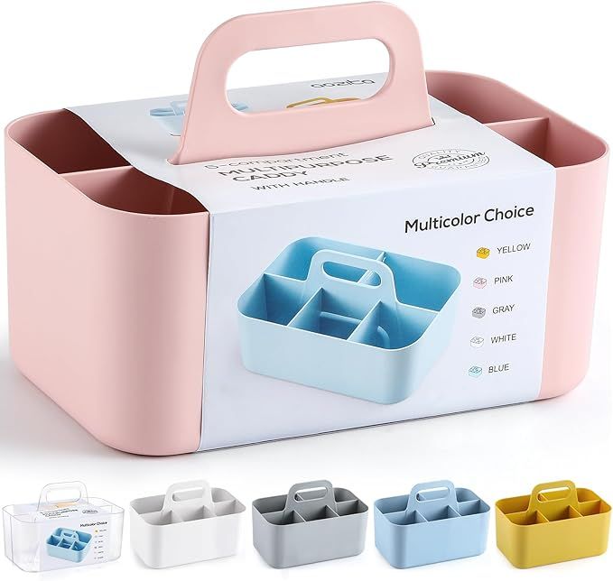 Multiuse Caddy Organizer with Handle - Stackable Plastic Tote Bin - Art Craft Supplies, Office, Desk, Stationery Pen Holder, Kitchen, Utensil, Makeup, Bathroom, Shower, Cleaning, Dorm Organizer - Pink - Asmota