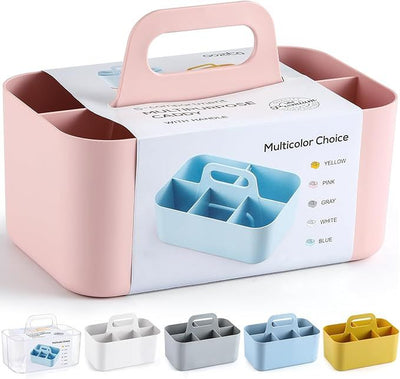 Multiuse Caddy Organizer with Handle - Stackable Plastic Tote Bin - Art Craft Supplies, Office, Desk, Stationery Pen Holder, Kitchen, Utensil, Makeup, Bathroom, Shower, Cleaning, Dorm Organizer - Pink