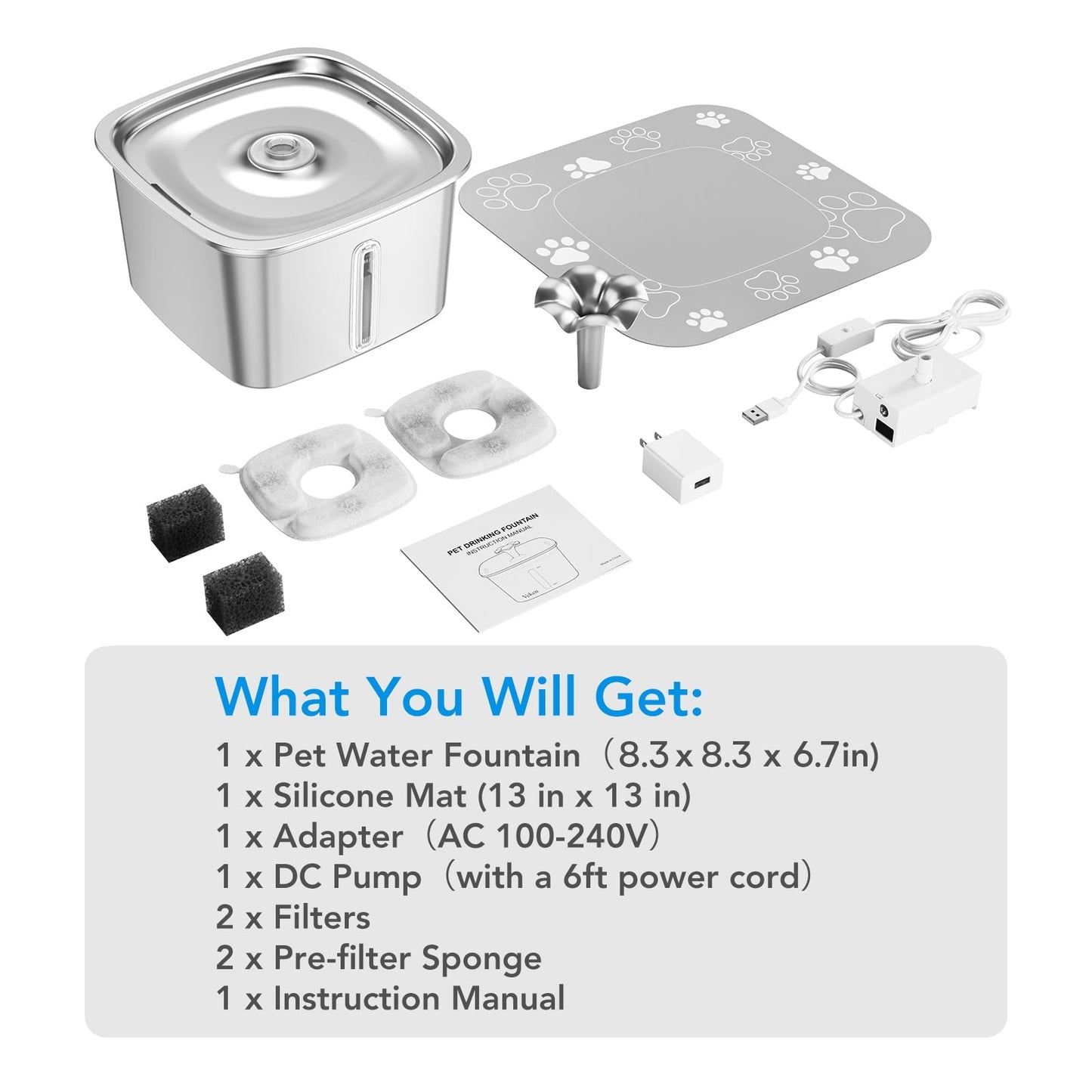 Ophanie 95oz/2.8L Stainless Steel Cat Water Fountain with Replacement Filters & Silicone Mat, Automatic Water Dispenser for Cats and Dogs, Electric Drinking Bowl Suitable for Multiple Pets, Silver - Asmota