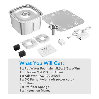 Ophanie 95oz/2.8L Stainless Steel Cat Water Fountain with Replacement Filters & Silicone Mat, Automatic Water Dispenser for Cats and Dogs, Electric Drinking Bowl Suitable for Multiple Pets, Silver - Asmota