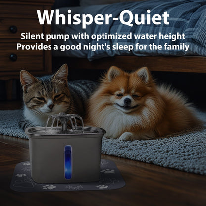 Ophanie 95oz/2.8L Stainless Steel Cat Water Fountain with Replacement Filters & Silicone Mat, Automatic Water Dispenser for Cats and Dogs, Electric Drinking Bowl Suitable for Multiple Pets, Silver - Asmota