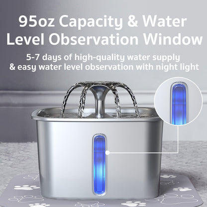 Ophanie 95oz/2.8L Stainless Steel Cat Water Fountain with Replacement Filters & Silicone Mat, Automatic Water Dispenser for Cats and Dogs, Electric Drinking Bowl Suitable for Multiple Pets, Silver - Asmota