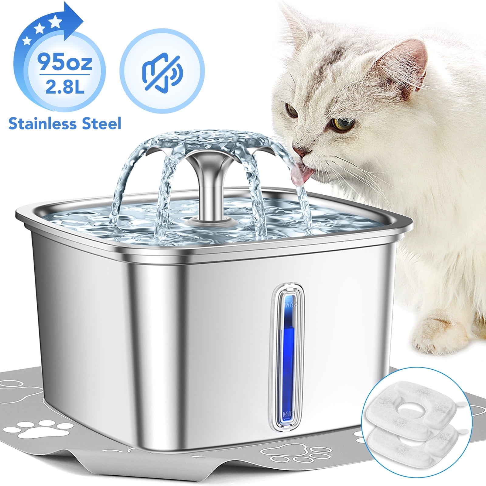 Ophanie 95oz/2.8L Stainless Steel Cat Water Fountain with Replacement Filters & Silicone Mat, Automatic Water Dispenser for Cats and Dogs, Electric Drinking Bowl Suitable for Multiple Pets, Silver - Asmota