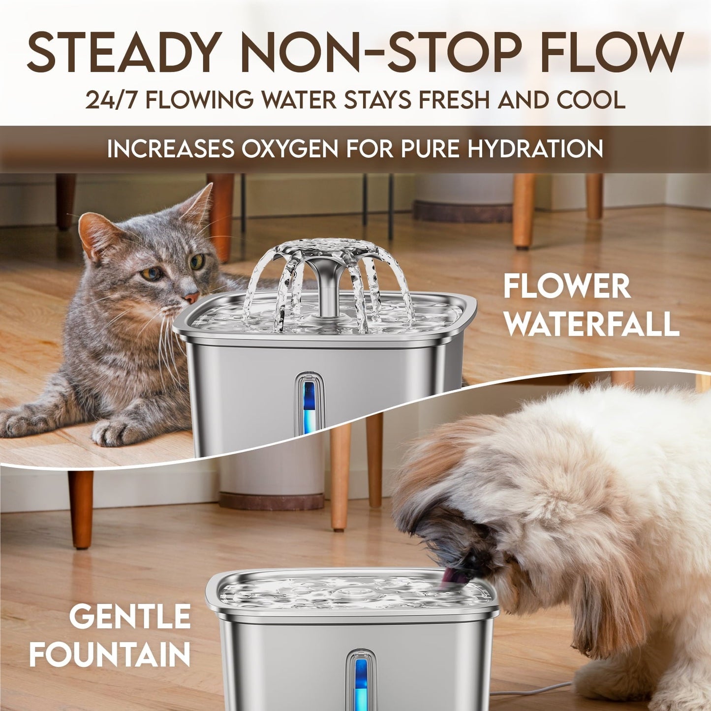 Ophanie 95oz/2.8L Stainless Steel Cat Water Fountain with Replacement Filters & Silicone Mat, Automatic Water Dispenser for Cats and Dogs, Electric Drinking Bowl Suitable for Multiple Pets, Silver - Asmota