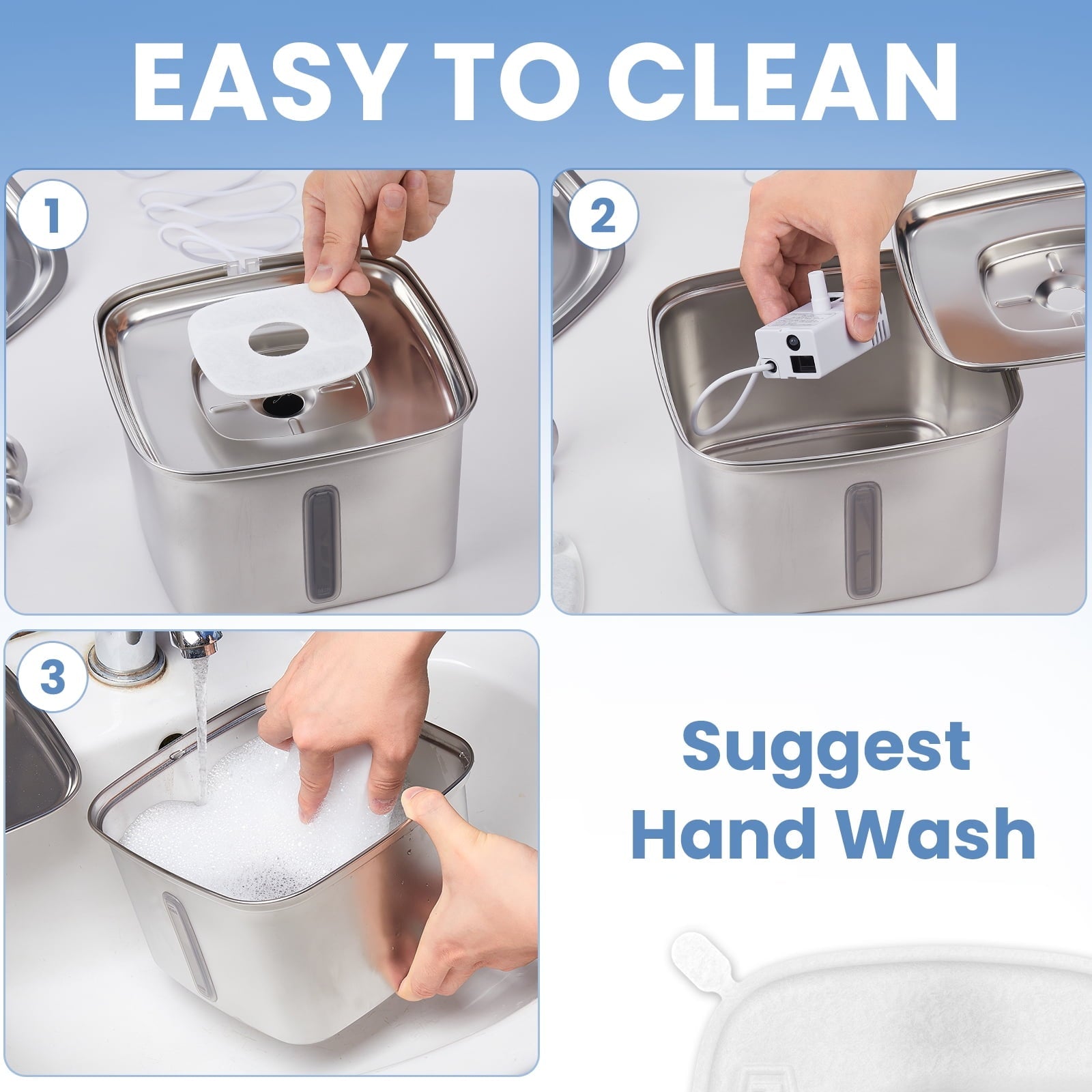 Ophanie 95oz/2.8L Stainless Steel Cat Water Fountain with Replacement Filters & Silicone Mat, Automatic Water Dispenser for Cats and Dogs, Electric Drinking Bowl Suitable for Multiple Pets, Silver - Asmota