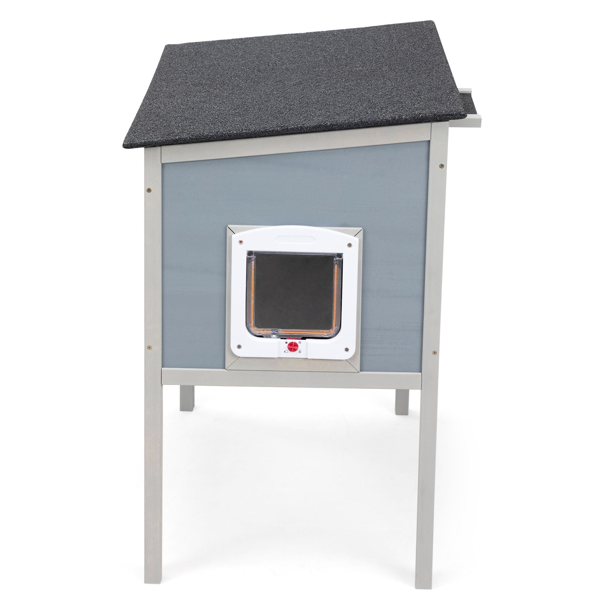 Outdoor Insulated Cat House, Wood Pet House w/ High Legs, Doors, Openable Roof, Weatherproof, Cat Animal Shelter for Winter, Gray - Asmota