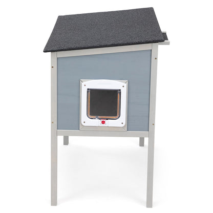 Outdoor Insulated Cat House, Wood Pet House w/ High Legs, Doors, Openable Roof, Weatherproof, Cat Animal Shelter for Winter, Gray - Asmota