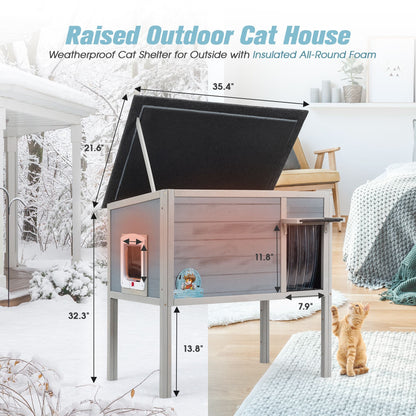 Outdoor Insulated Cat House, Wood Pet House w/ High Legs, Doors, Openable Roof, Weatherproof, Cat Animal Shelter for Winter, Gray - Asmota