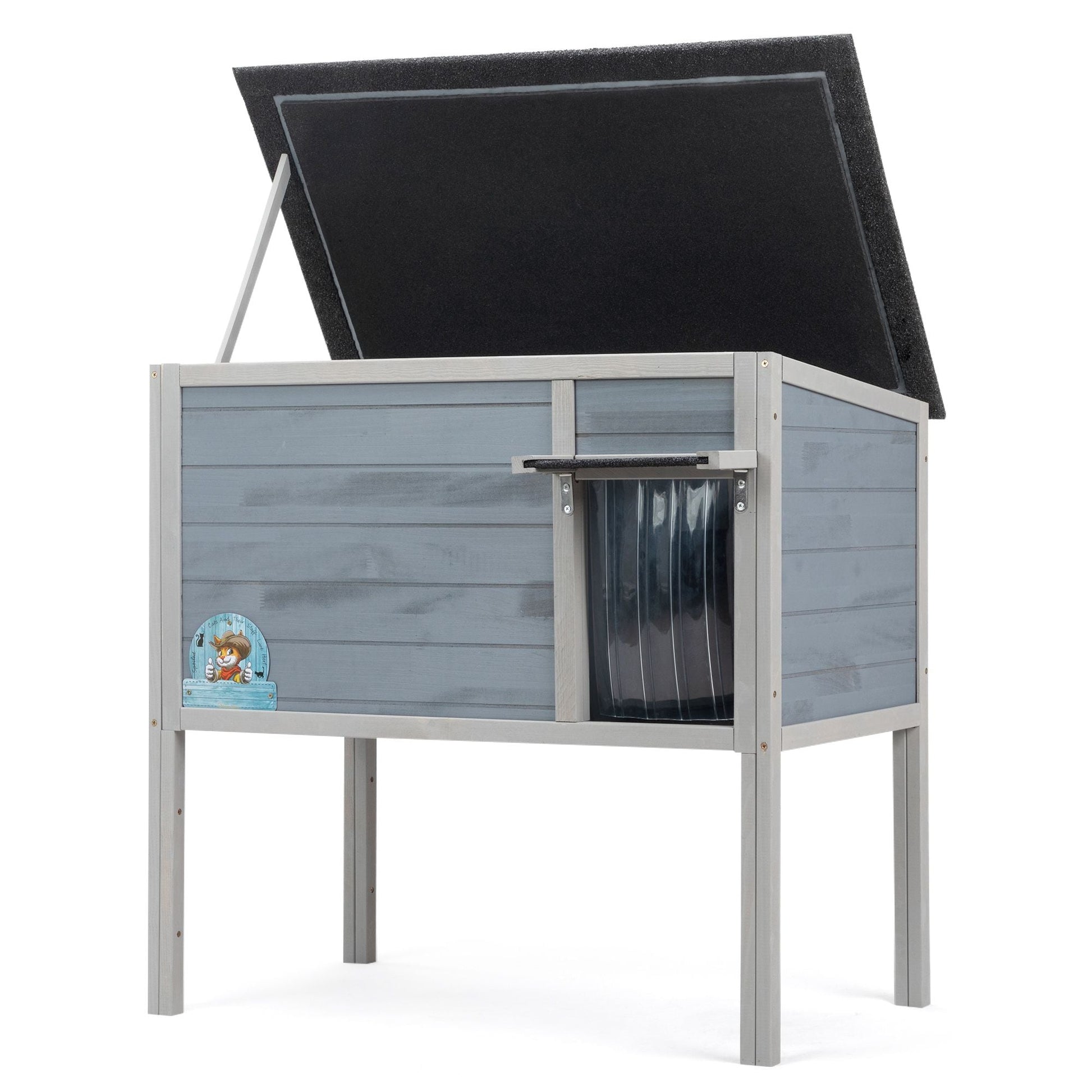 Outdoor Insulated Cat House, Wood Pet House w/ High Legs, Doors, Openable Roof, Weatherproof, Cat Animal Shelter for Winter, Gray - Asmota