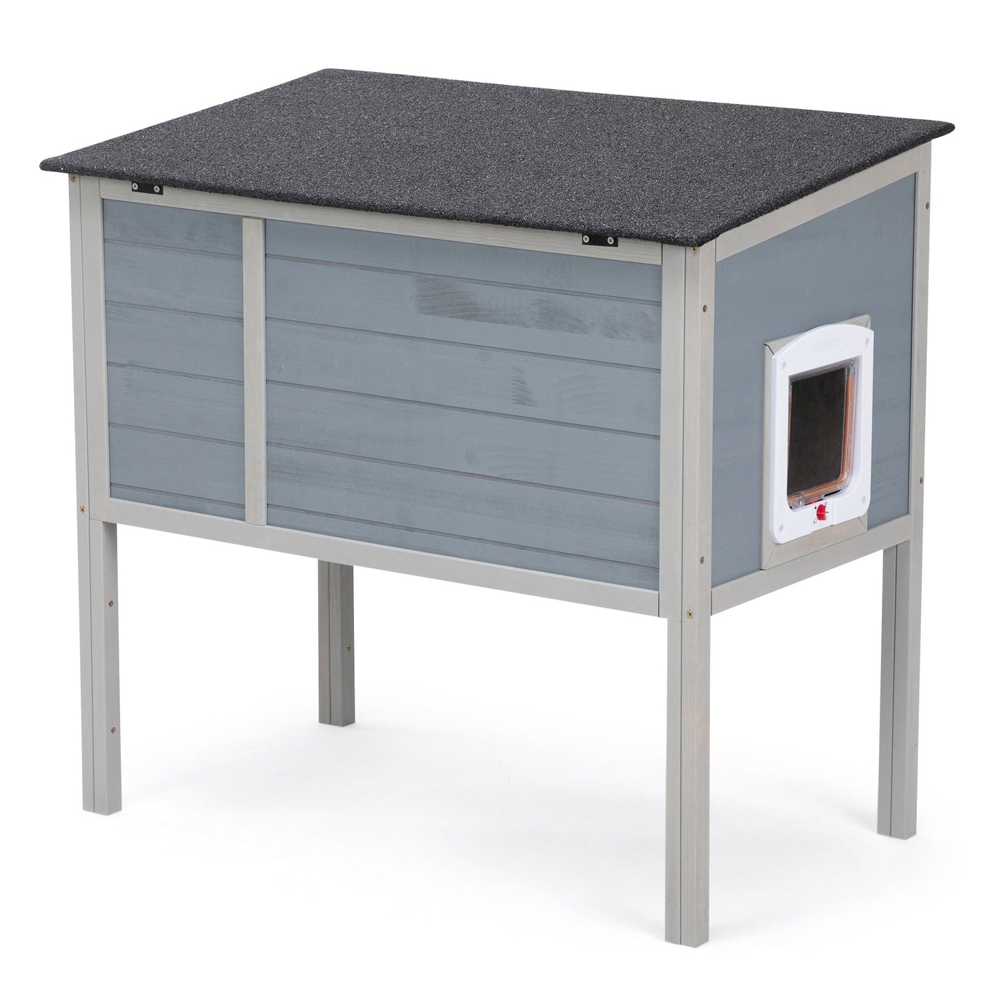 Outdoor Insulated Cat House, Wood Pet House w/ High Legs, Doors, Openable Roof, Weatherproof, Cat Animal Shelter for Winter, Gray - Asmota