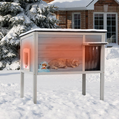 Outdoor Insulated Cat House, Wood Pet House w/ High Legs, Doors, Openable Roof, Weatherproof, Cat Animal Shelter for Winter, Gray