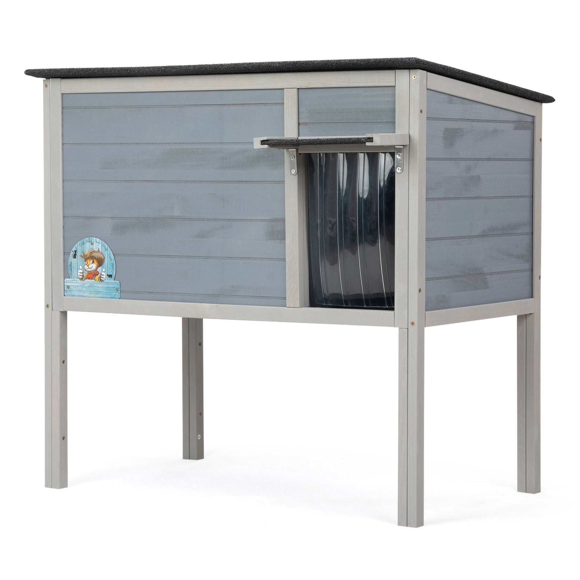 Outdoor Insulated Cat House, Wood Pet House w/ High Legs, Doors, Openable Roof, Weatherproof, Cat Animal Shelter for Winter, Gray - Asmota