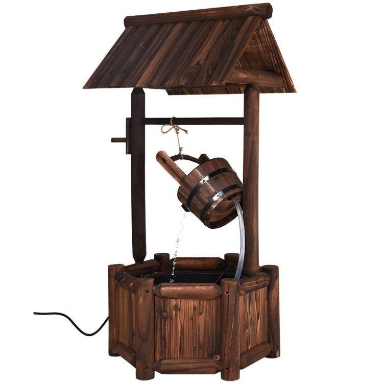 Outdoor Patio Garden Solid Wood Wishing Well Water Fountain with Pump - Asmota
