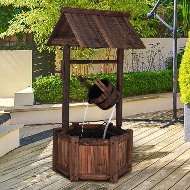 Outdoor Patio Garden Solid Wood Wishing Well Water Fountain with Pump - Asmota