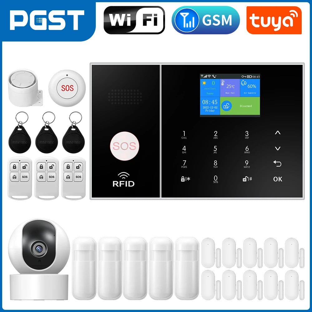 PGST Smart Life Alarm System for Home WIFI GSM Security Alarm Host with Door and Motion Sensor Tuya Smart App control work Alexa - Asmota