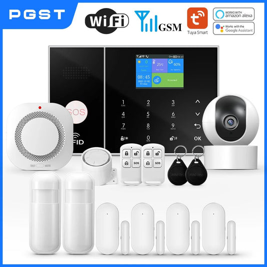 PGST Smart Life Alarm System for Home WIFI GSM Security Alarm Host with Door and Motion Sensor Tuya Smart App control work Alexa - Asmota