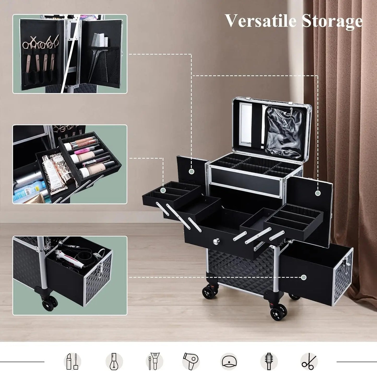 Professional Makeup Artist Rolling Train Case Multi - functional Cosmetic Train Case Large Trolley Storage Case Nail Technicians - Asmota