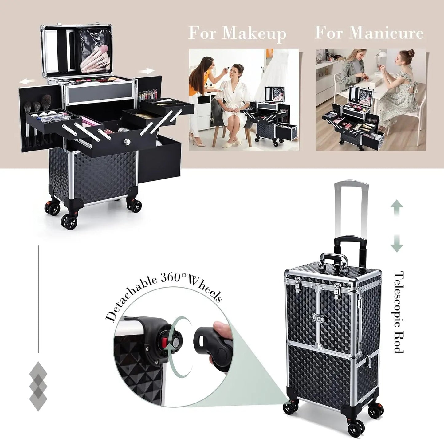 Professional Makeup Artist Rolling Train Case Multi - functional Cosmetic Train Case Large Trolley Storage Case Nail Technicians - Asmota