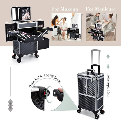 Professional Makeup Artist Rolling Train Case Multi - functional Cosmetic Train Case Large Trolley Storage Case Nail Technicians - Asmota