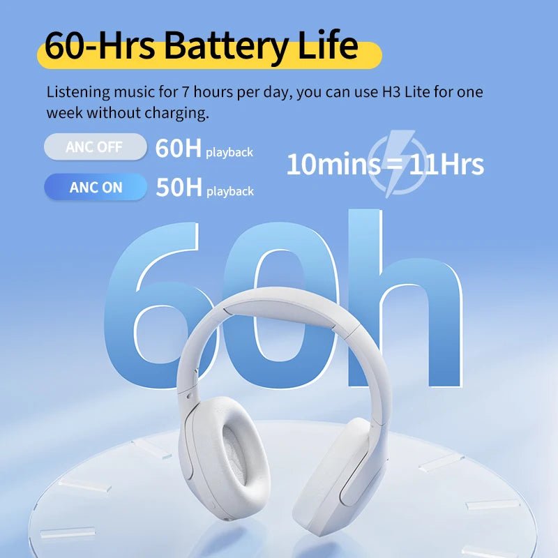 QCY H3 Lite ANC Wireless Headphones 40mm Driver Bluetooth 5.3 Earphones Active Noise Cancellation Over Ear Headset Clear HD Call - Asmota