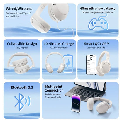 QCY H3 Lite ANC Wireless Headphones 40mm Driver Bluetooth 5.3 Earphones Active Noise Cancellation Over Ear Headset Clear HD Call - Asmota