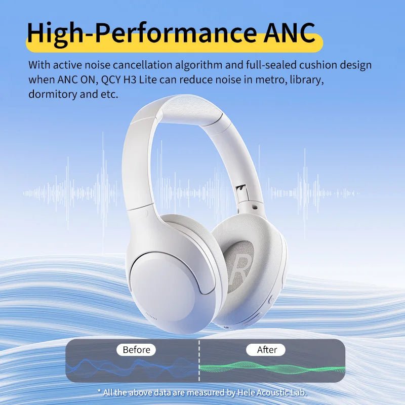 QCY H3 Lite ANC Wireless Headphones 40mm Driver Bluetooth 5.3 Earphones Active Noise Cancellation Over Ear Headset Clear HD Call - Asmota