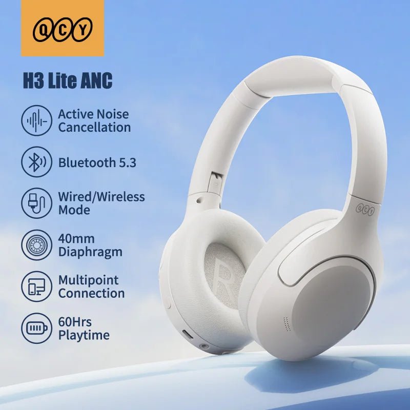 QCY H3 Lite ANC Wireless Headphones 40mm Driver Bluetooth 5.3 Earphones Active Noise Cancellation Over Ear Headset Clear HD Call - Asmota