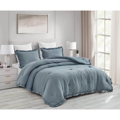 Queen Oversized Blue Ruffled Edge Microfiber Comforter Set - Asmota