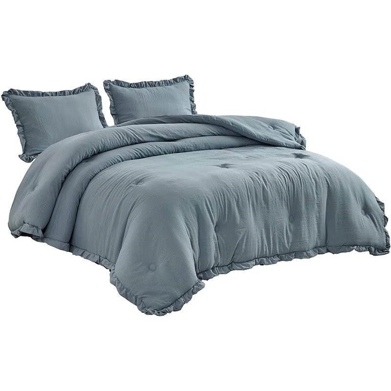 Queen Oversized Blue Ruffled Edge Microfiber Comforter Set - Asmota