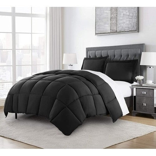 Queen Size Reversible Microfiber Down Alternative Comforter Set in Black - Asmota