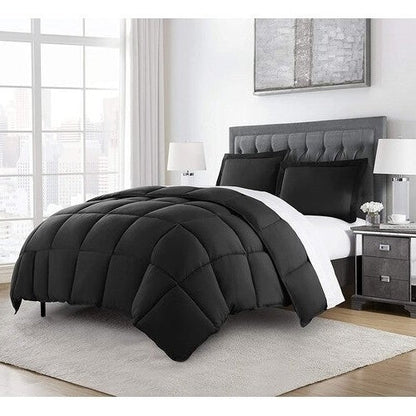 Queen Size Reversible Microfiber Down Alternative Comforter Set in Black - Asmota
