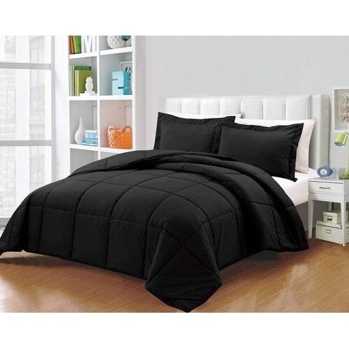 Queen Size Reversible Microfiber Down Alternative Comforter Set in Black - Asmota