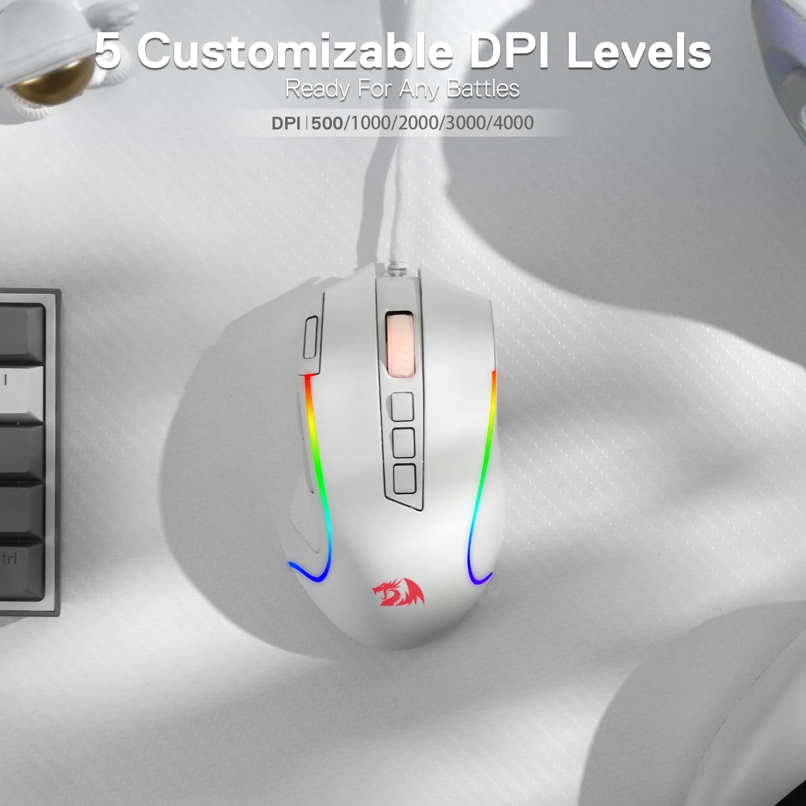 Redragon M612 Predator RGB Gaming Mouse 8000 DPI Wired Optical with 11 Programmable Buttons, White - Asmota