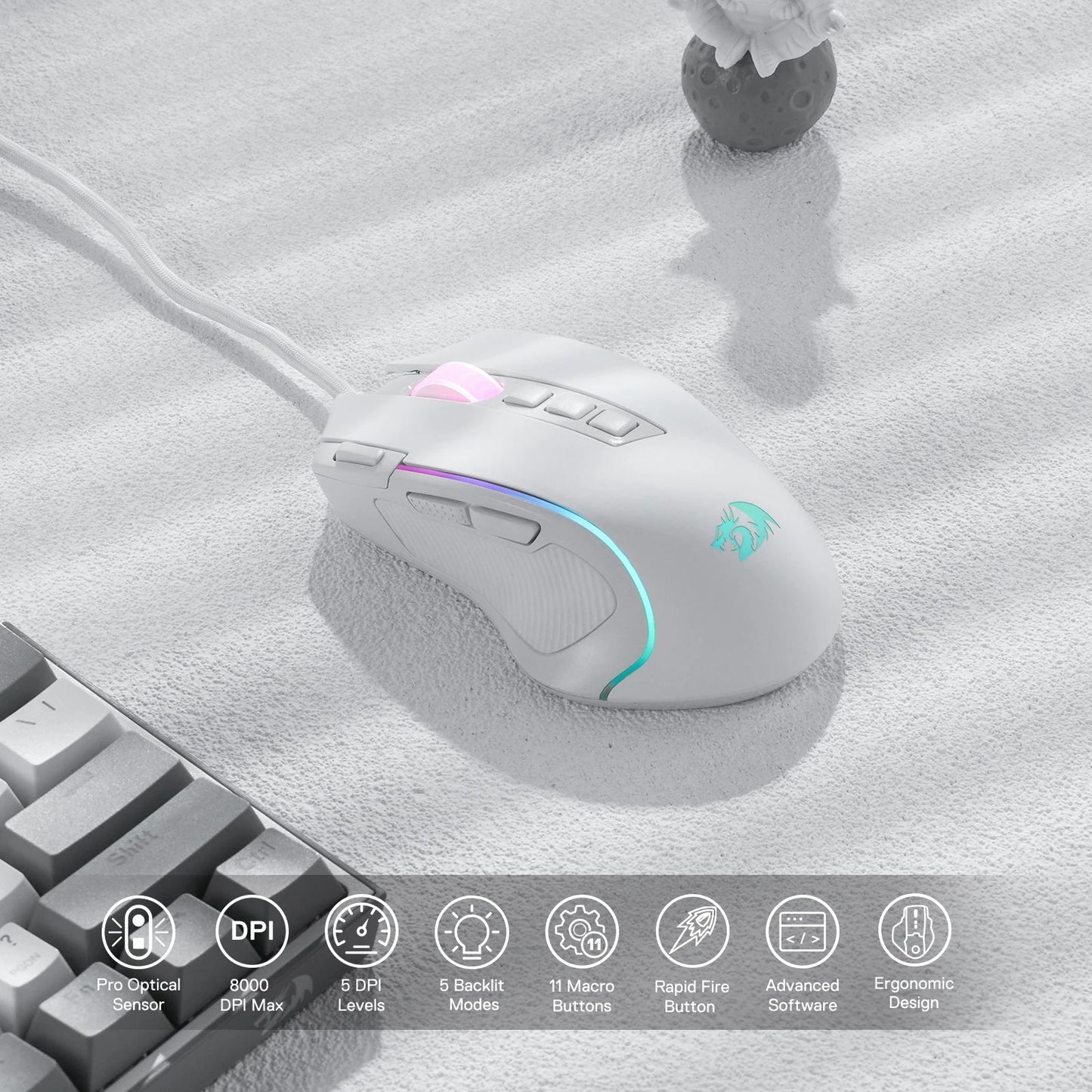 Redragon M612 Predator RGB Gaming Mouse 8000 DPI Wired Optical with 11 Programmable Buttons, White - Asmota