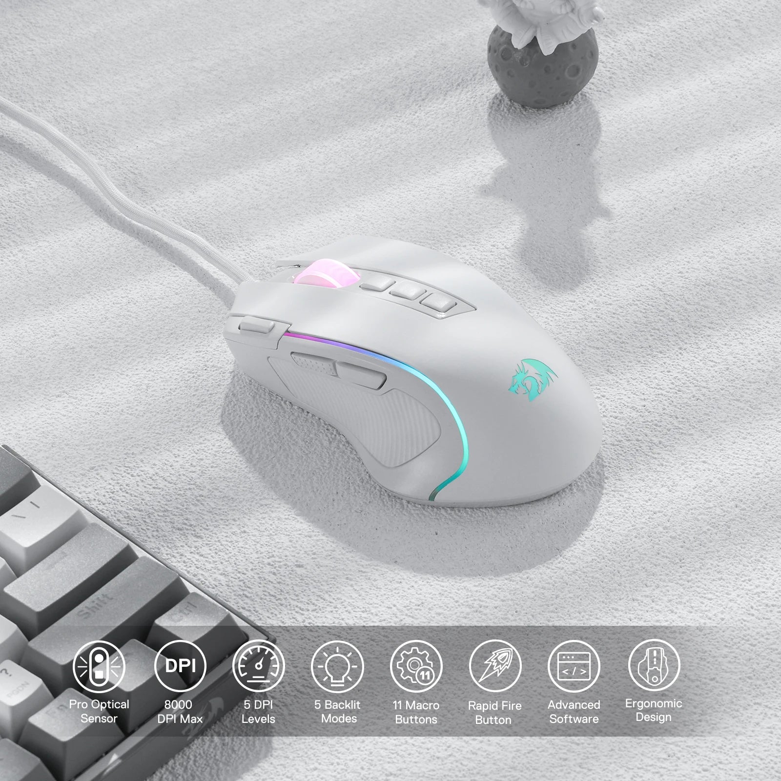Redragon M612 Predator RGB Gaming Mouse 8000 DPI Wired Optical with 11 Programmable Buttons, White - Asmota