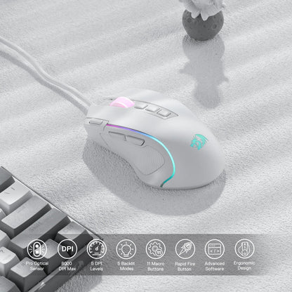 Redragon M612 Predator RGB Gaming Mouse 8000 DPI Wired Optical with 11 Programmable Buttons, White - Asmota