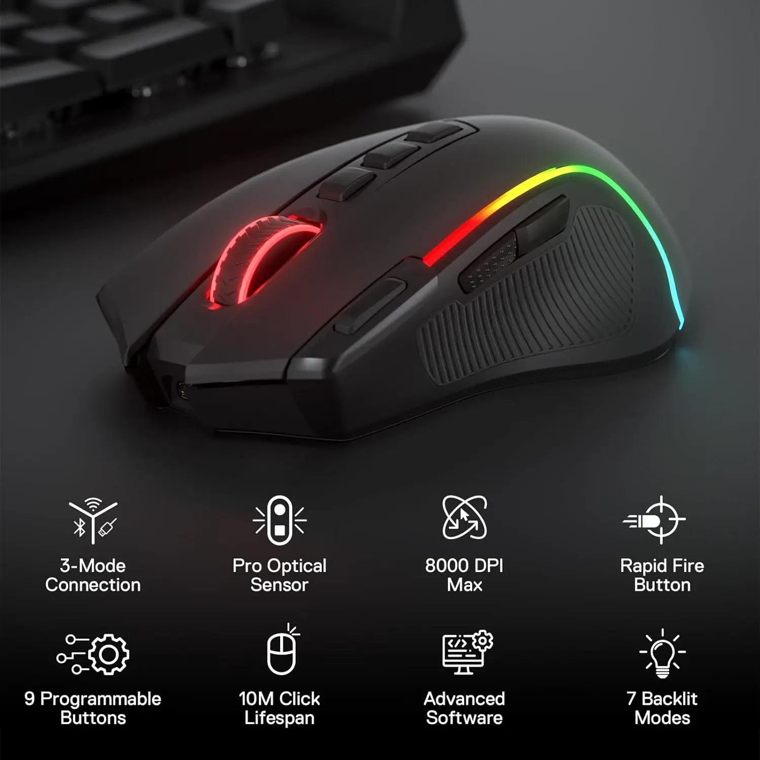 Redragon M612 PRO BT & 2.4RGB Gaming Mouse, 8000 DPI Wired/Wireless Optical Gamer Mice 11 Programmable Buttons & 6 Backlit Modes - Asmota